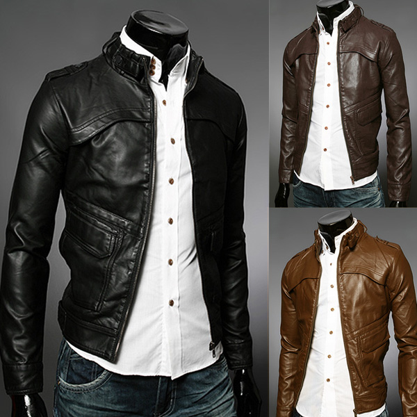 Men&39s Motorcycle Slim PU Leather Jacket Fashion Coat Casual